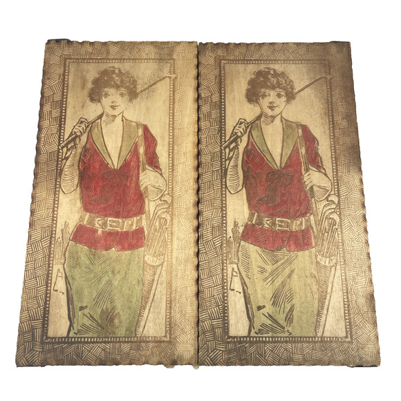 Vintage 1930s Platt-Maschek Lady Golfer Themed Wood Pyrography Handkerchief Box - Picture 1 of 12